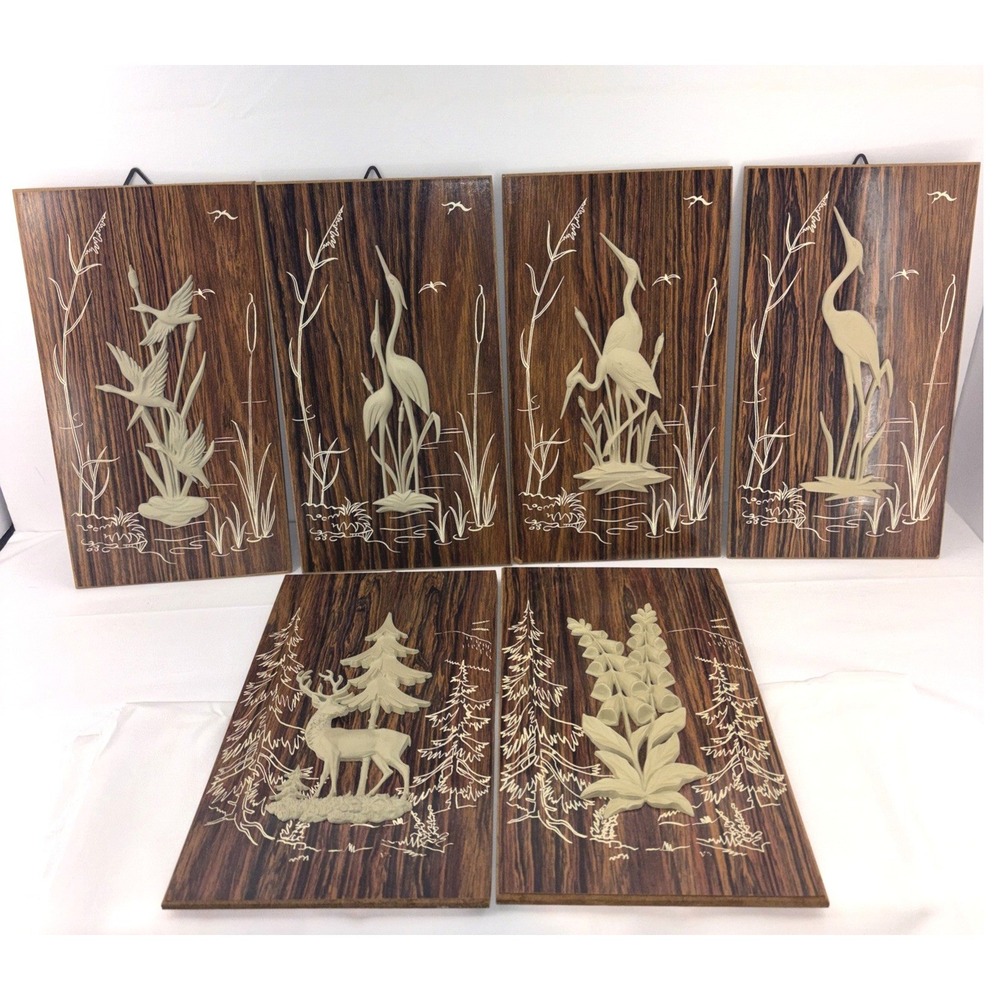 Vintage West Germany Plastic Relief Art Ducks Herons Deer Foxglove Set of 6 MCM